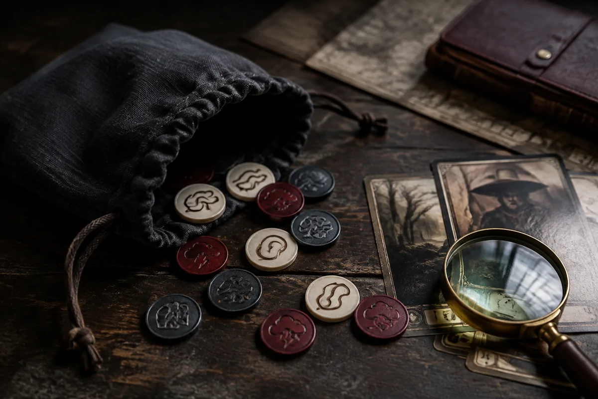 Editorial image illustrating a cloth chaos bag, tokens, and investigator cards