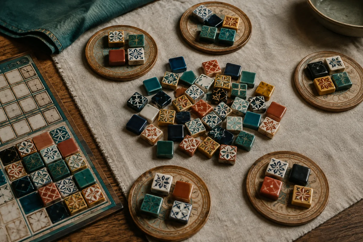 Editorial image illustrating blue ceramic-style tiles on a player board