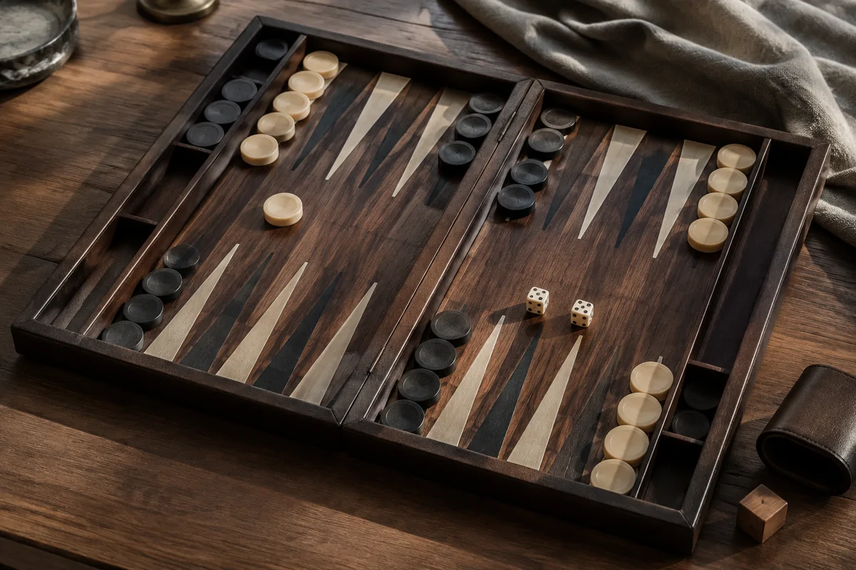 Editorial image illustrating ivory and dark backgammon checkers beside two dice