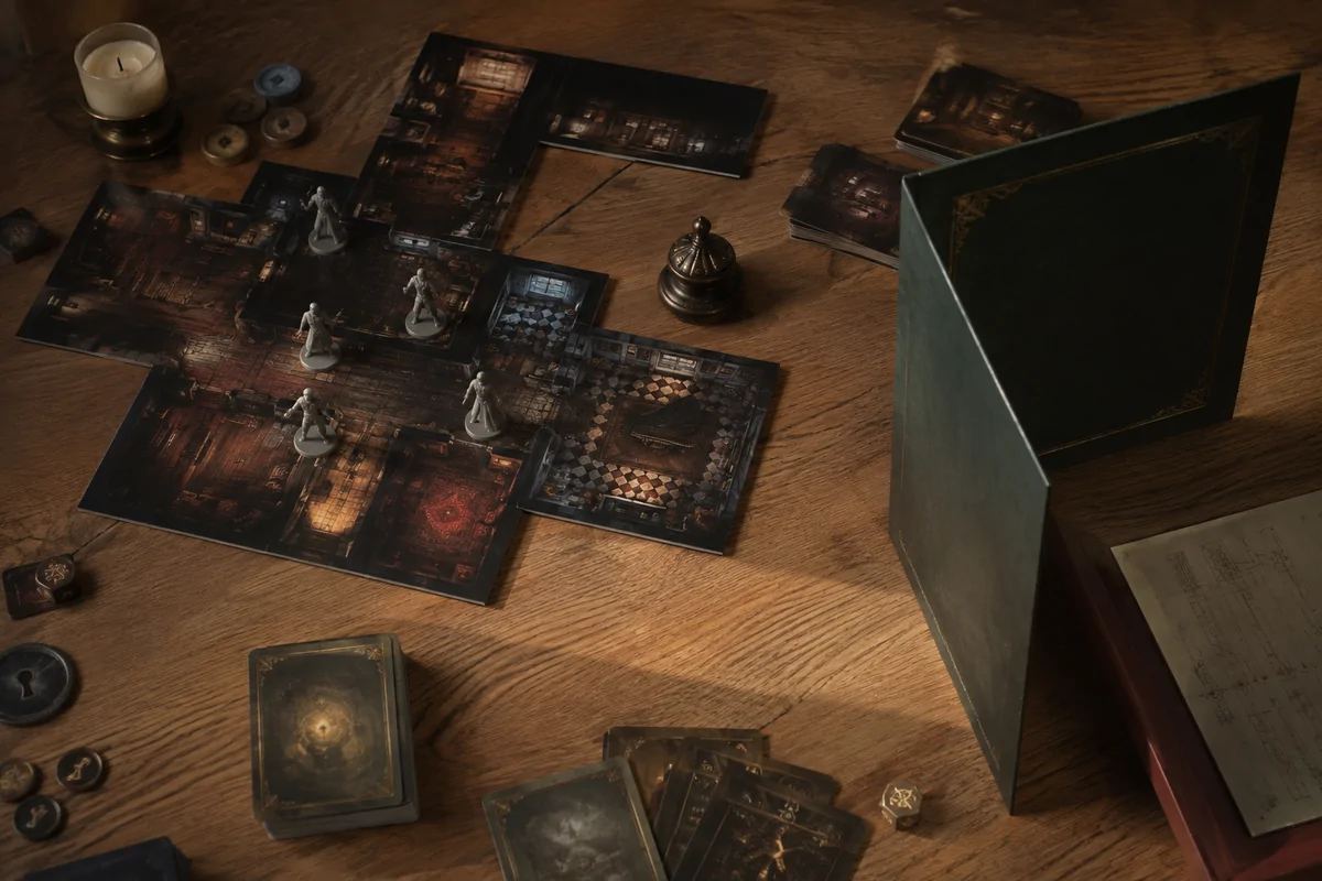 Editorial image illustrating haunted mansion tiles, omen cards, and small character figures