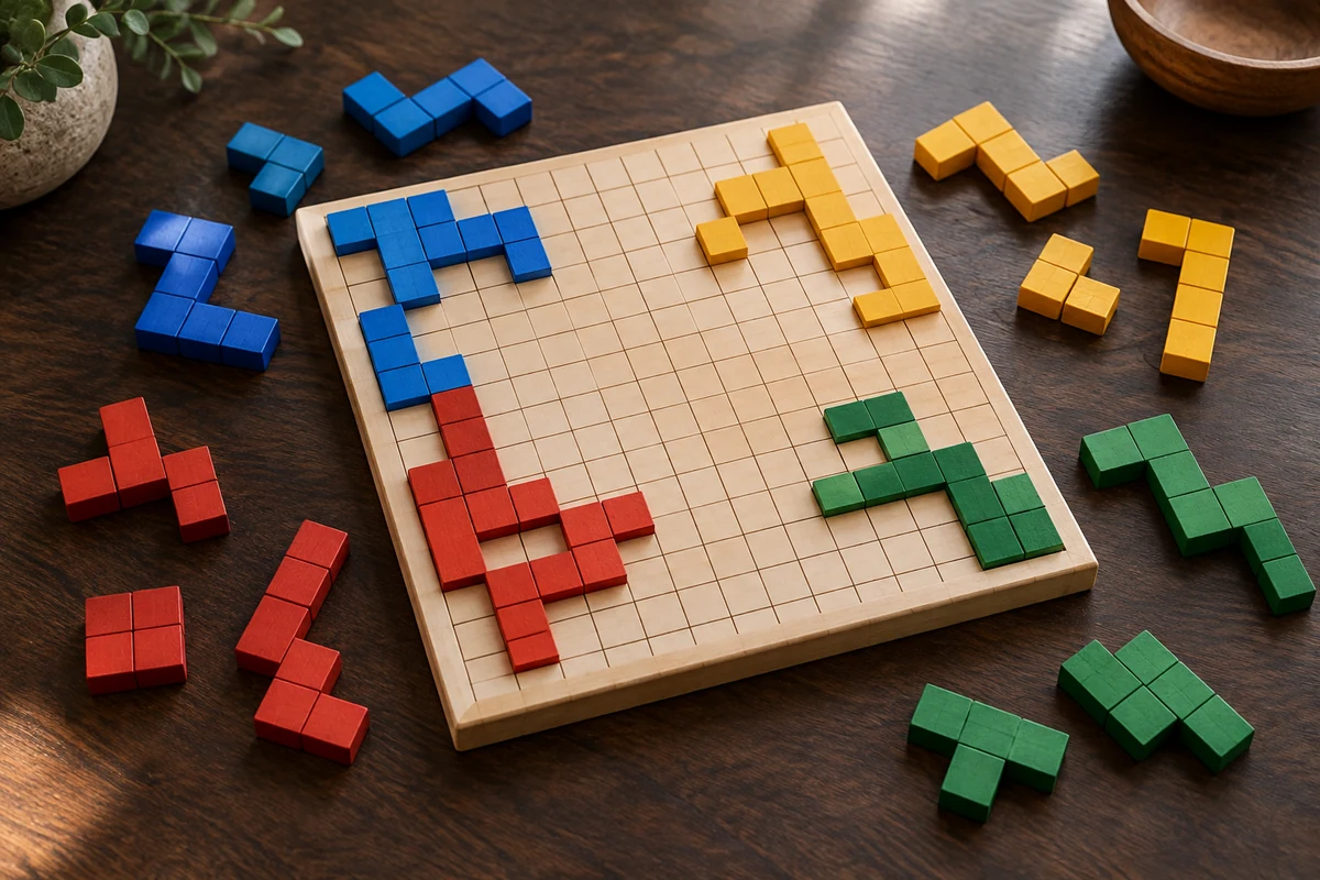 Editorial image illustrating four colors of abstract connected square tiles spreading from separate corners across a gridded board