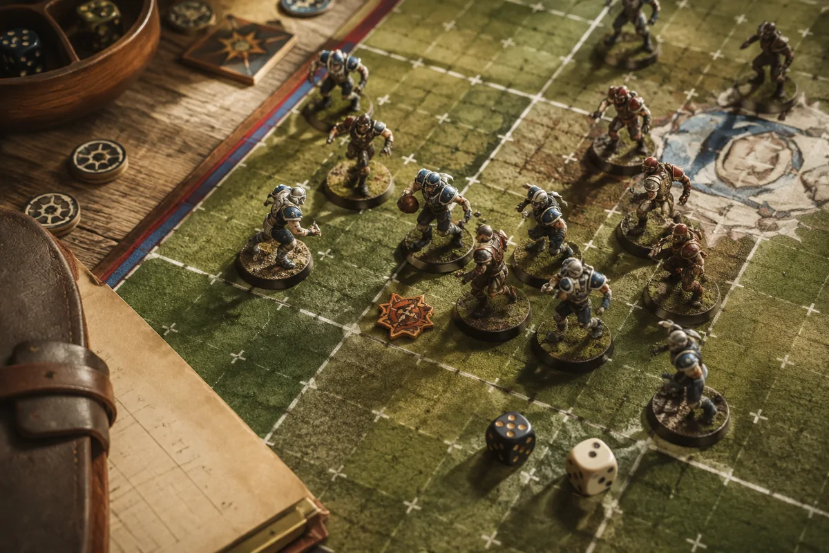 Editorial image illustrating fantasy football miniatures on a marked pitch with dice