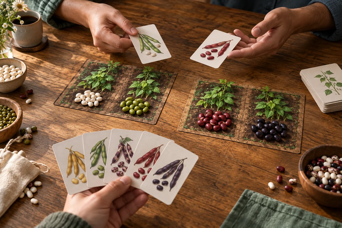 Editorial image illustrating a fan of abstract bean cards held in a fixed sequence beside small field mats and coin tokens