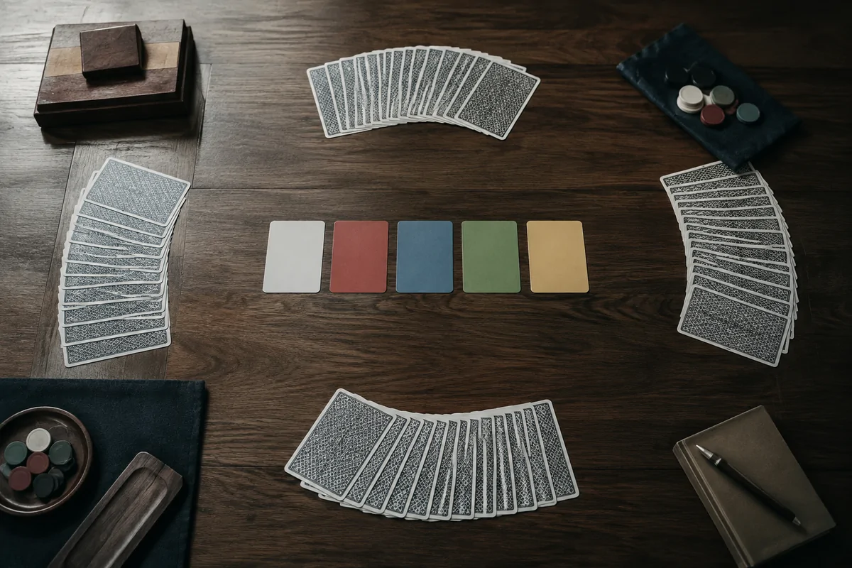 Editorial image illustrating four hands of playing cards and a small bidding box