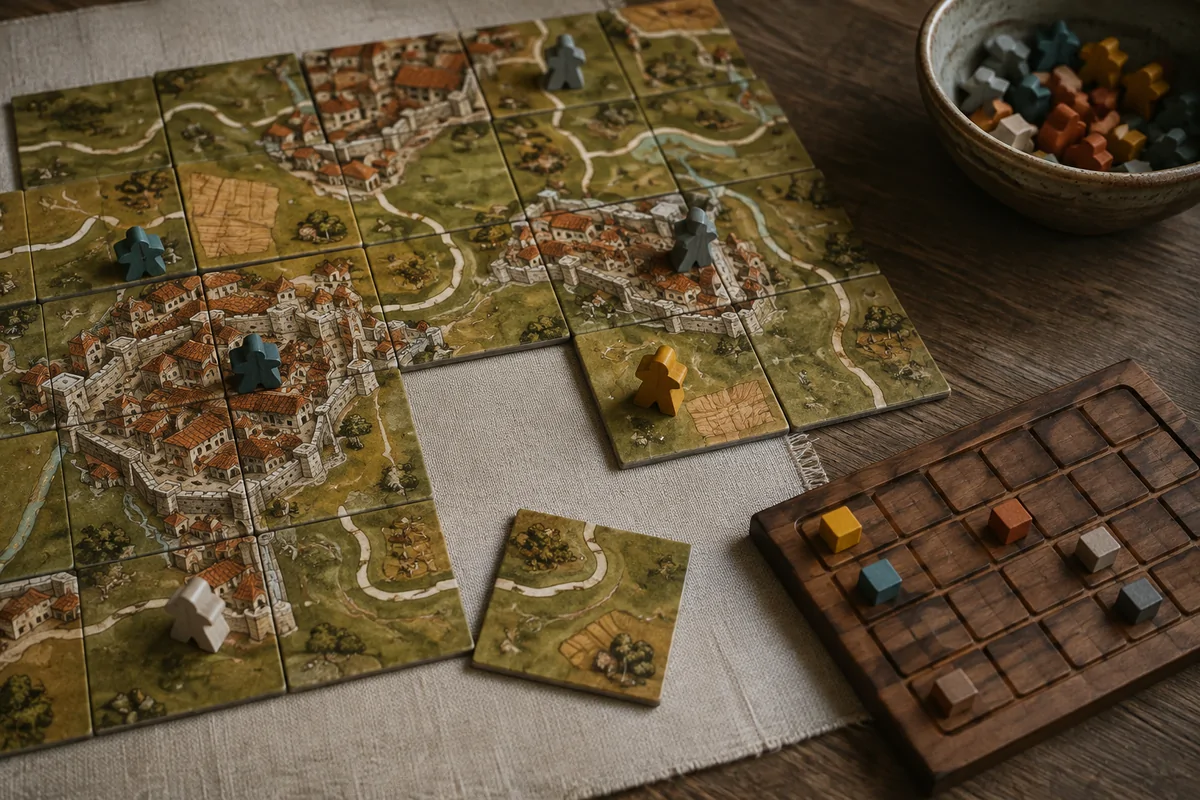 Editorial image illustrating a medieval landscape tile with wooden meeples