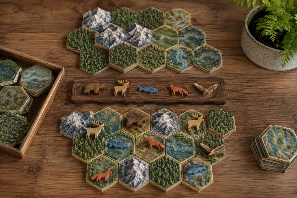 Editorial image illustrating habitat hexes, wildlife tokens, and a nature scoring card