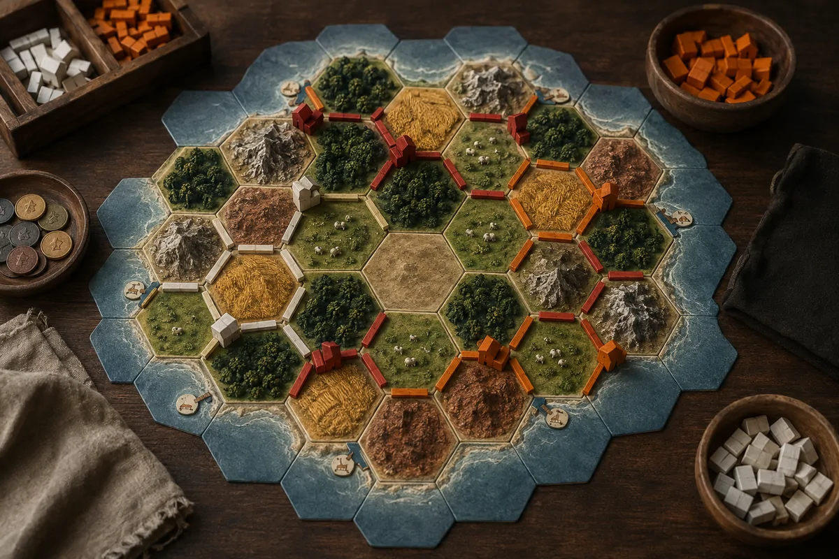 Editorial image illustrating wooden settlements and roads on a hexagonal island board