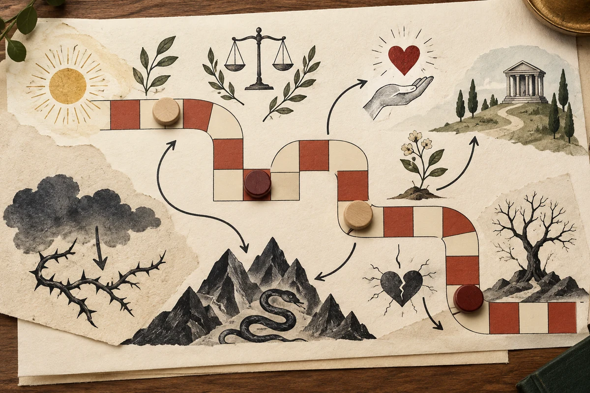 Editorial image illustrating a contemporary collage illustration of a moralized checkerboard path with blank counters and symbolic nonverbal cues