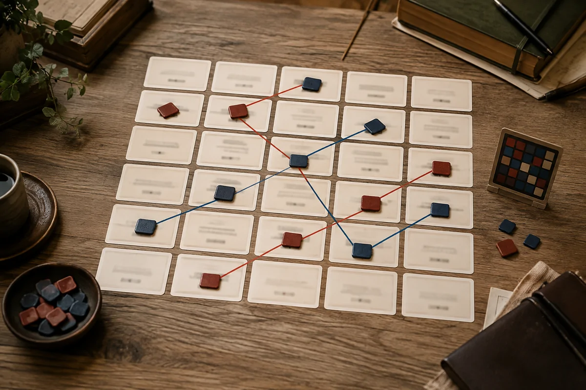 Editorial image illustrating word cards arranged in a five-by-five grid with key card
