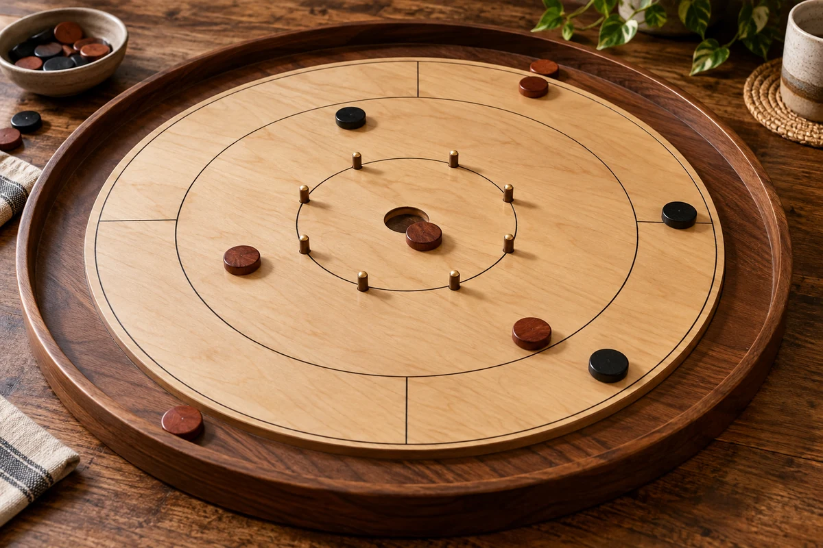 Editorial image illustrating a circular wooden dexterity board with concentric scoring zones, small pegs, and loose wooden discs