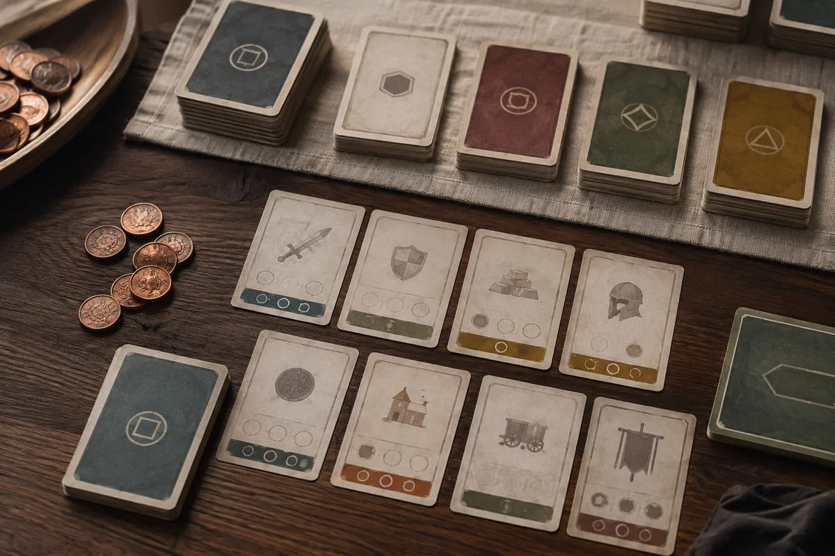 Editorial image illustrating hand-drawn kingdom cards beside coins and a small deck