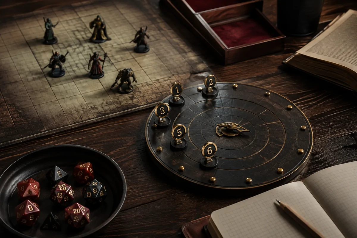 Editorial image illustrating polyhedral dice, initiative markers, and a gridded encounter map