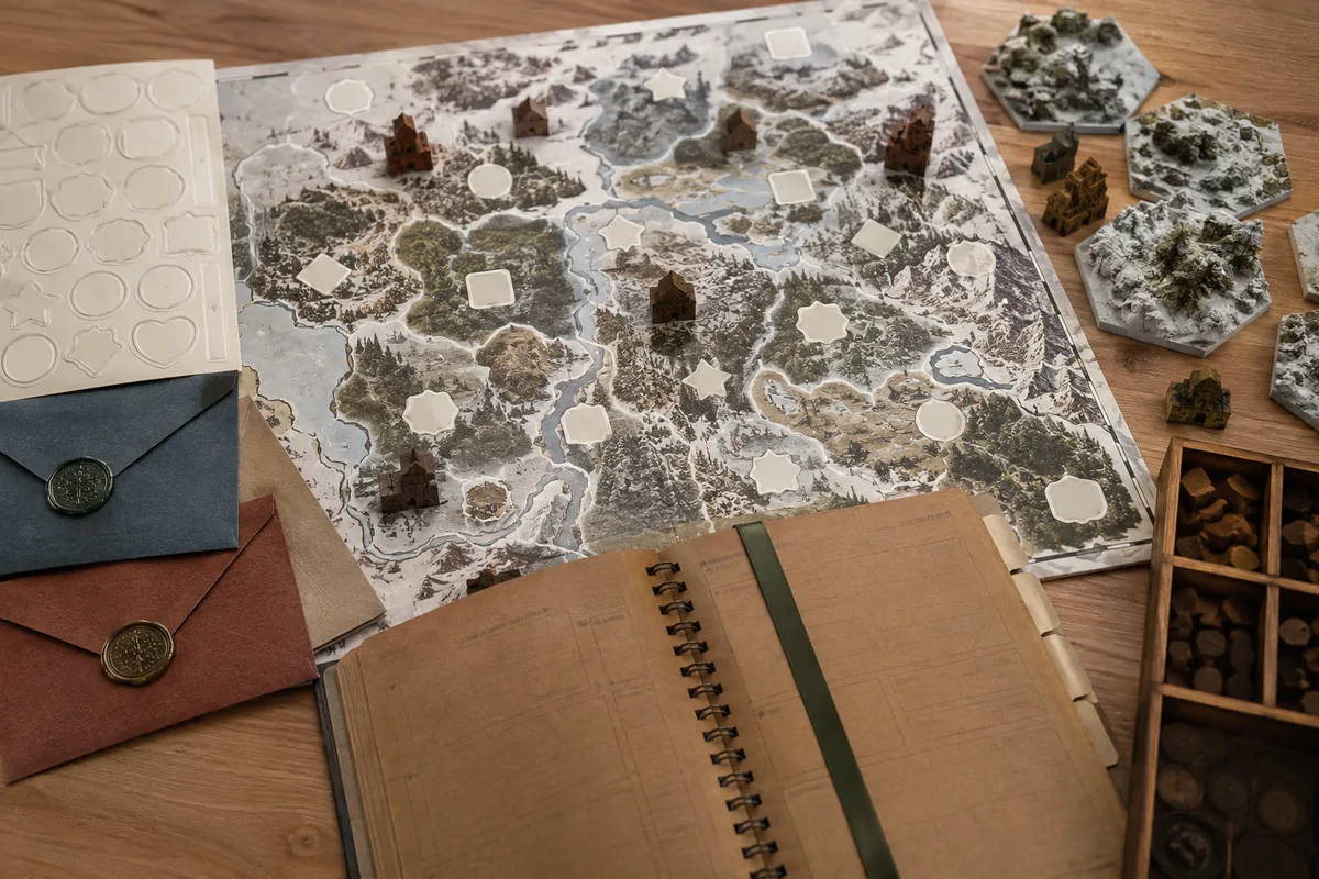 Editorial image illustrating campaign map, sealed envelopes, scenario tiles, and wooden pieces