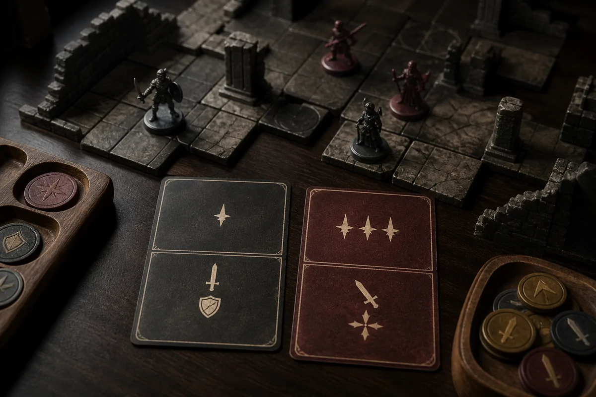 Editorial image illustrating initiative cards, miniature figures, and a modular dungeon tile