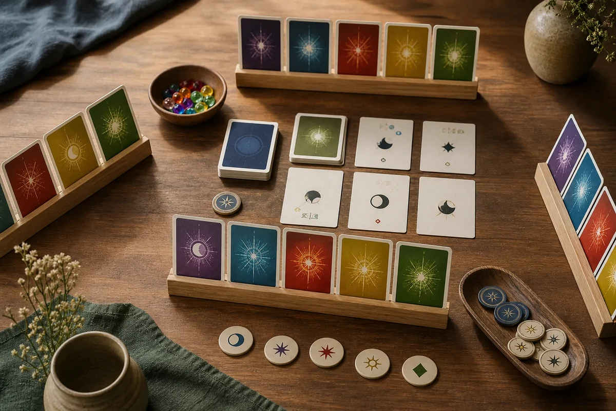 Editorial image illustrating firework-colored cards facing away from their holders with clue tokens