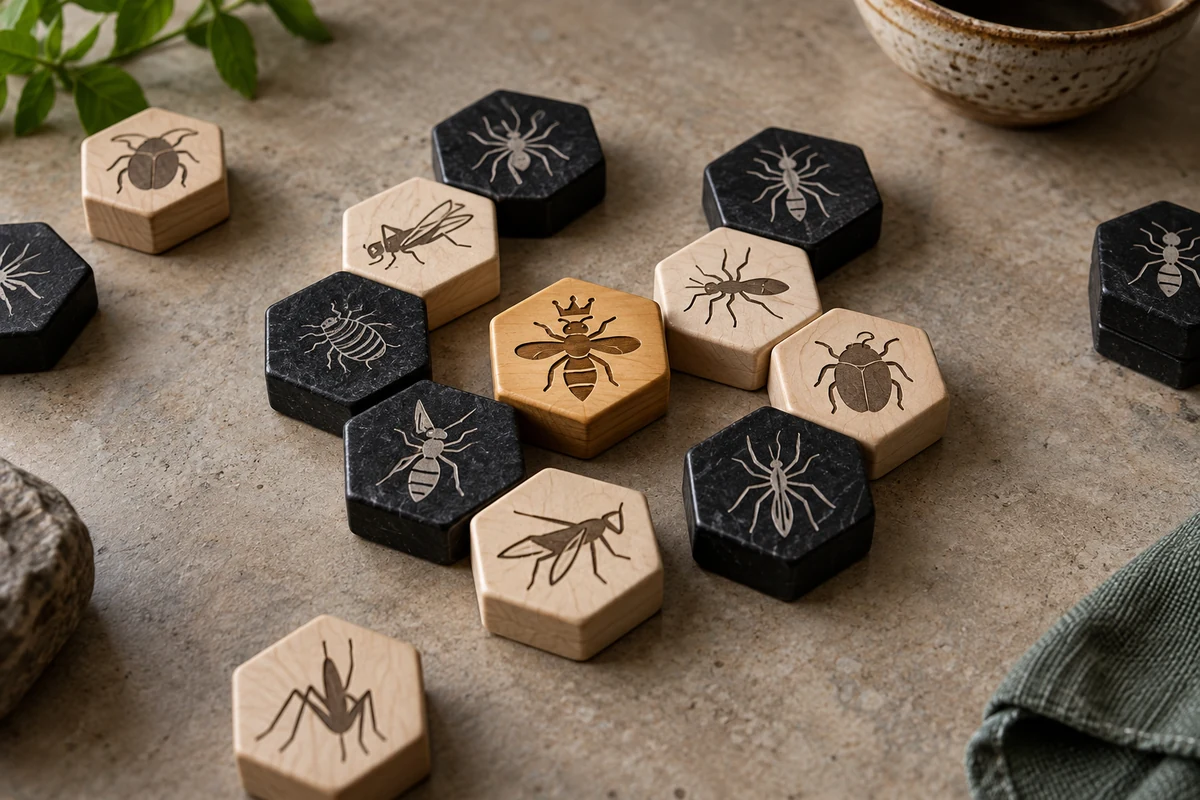 Editorial image illustrating a connected cluster of plain hexagonal tiles with simple insect-like color accents on a pale tabletop