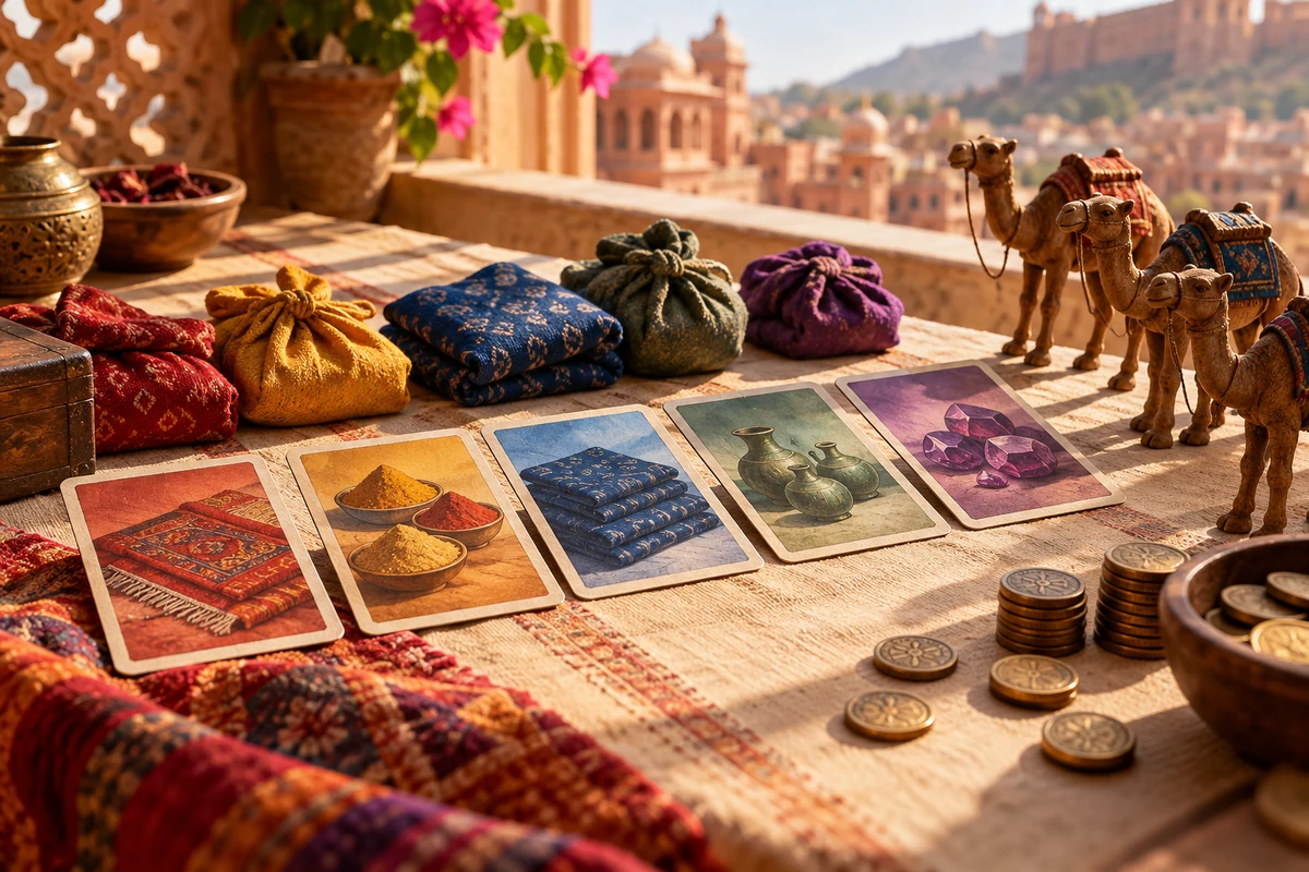 Editorial image illustrating a compact market tableau of colorful commodity cards, camel silhouettes, and wooden scoring tokens