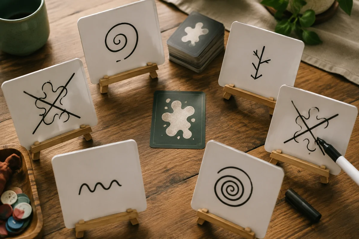 Editorial image illustrating small dry-erase clue boards with matching words crossed out