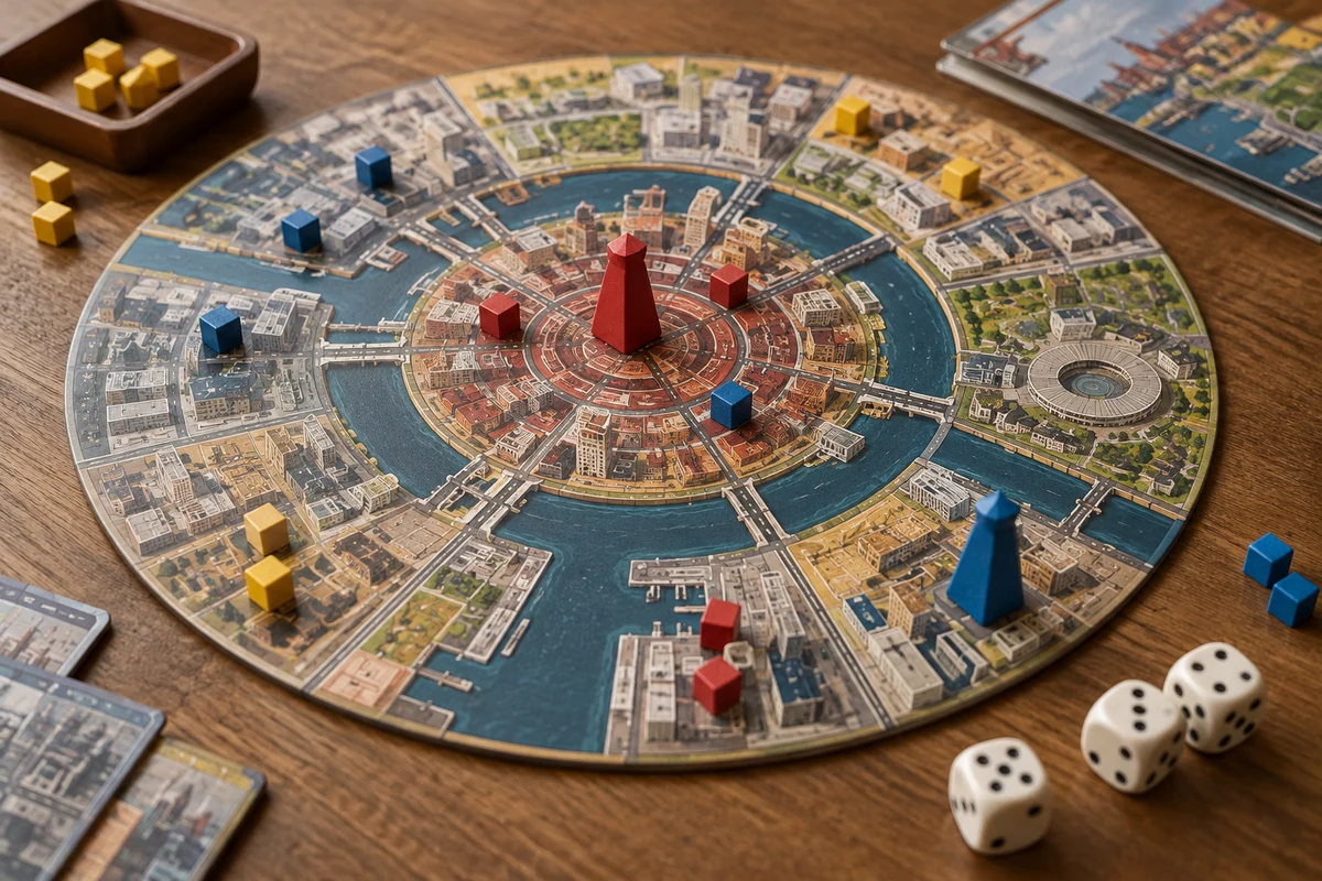Editorial image illustrating abstract colorful monster-shaped wooden pawns surrounding a small city ring and six dice