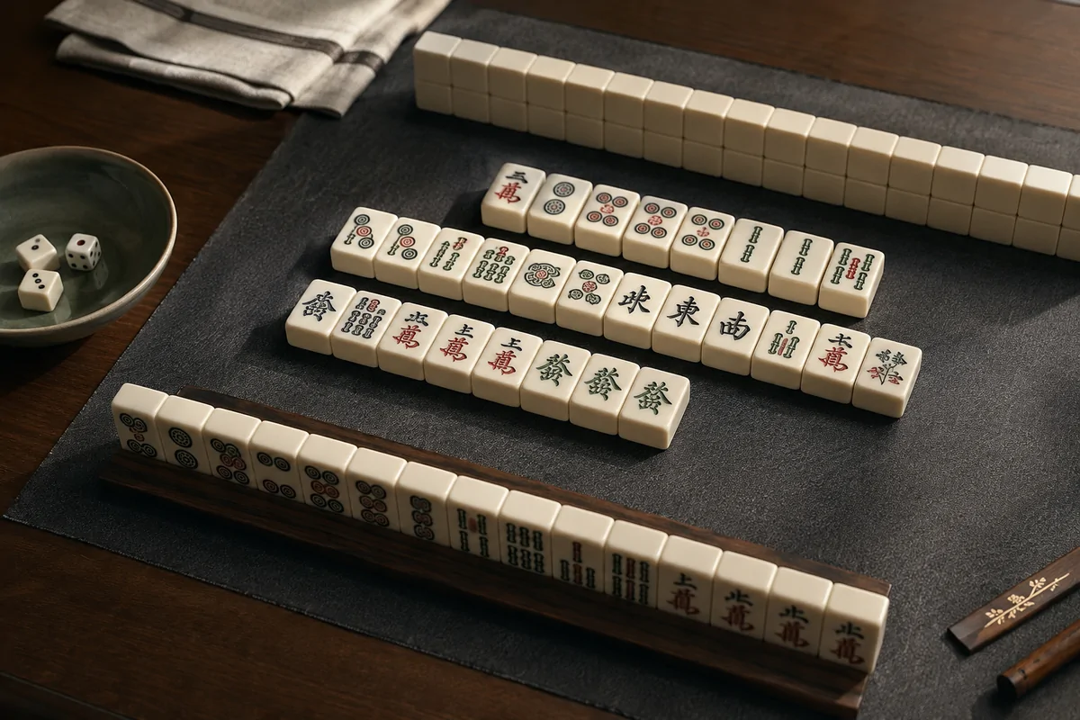 Editorial image illustrating ivory mahjong tiles forming a wall with a discarded tile