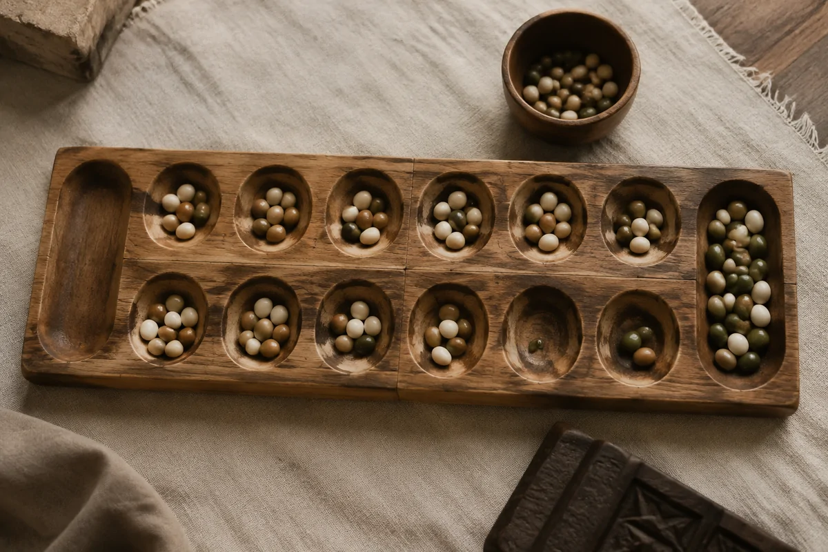 Editorial image illustrating a wooden mancala board filled with polished counting seeds