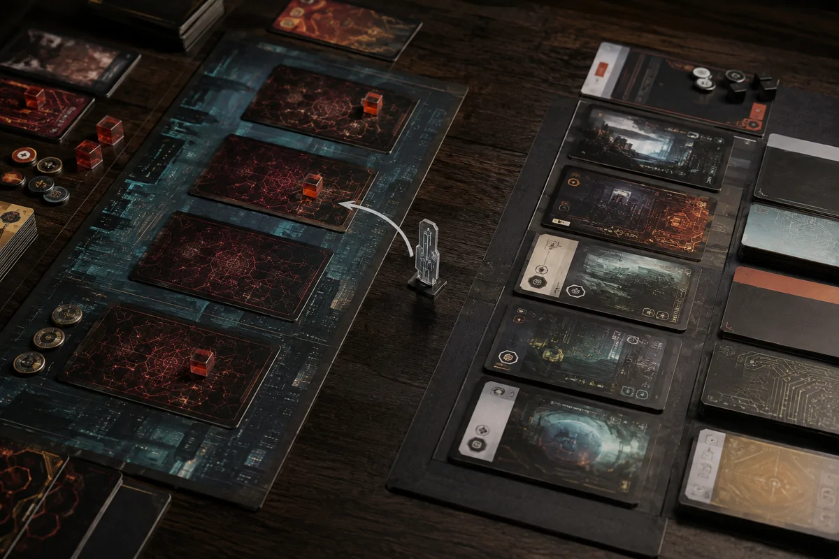 Editorial image illustrating asymmetric card layouts with a runner token approaching servers