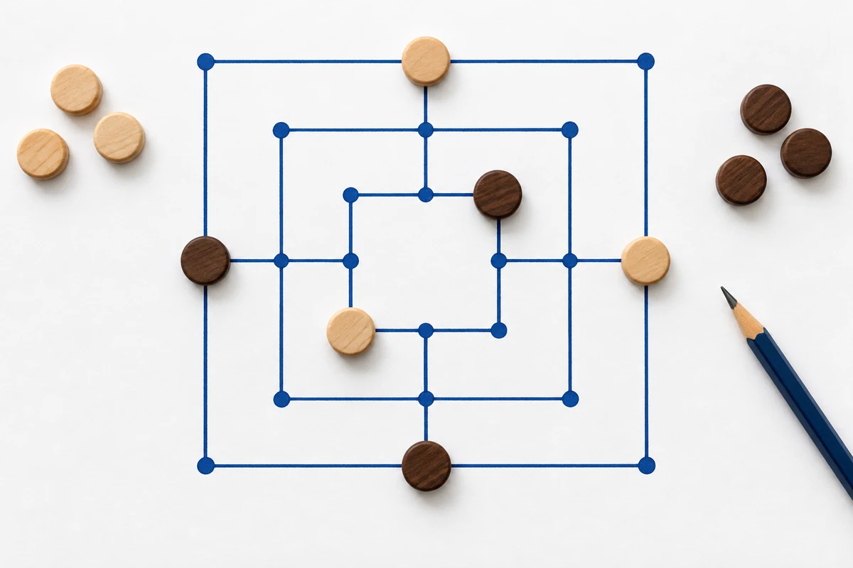 Editorial image illustrating a modern blue-ink Morris board diagram on clean paper with plain wooden counters