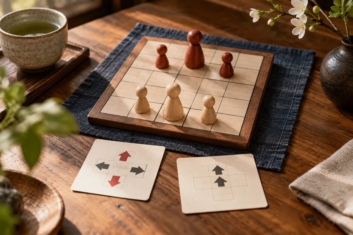 Editorial image illustrating a minimal square martial-arts board with small wooden figures and five abstract movement cards