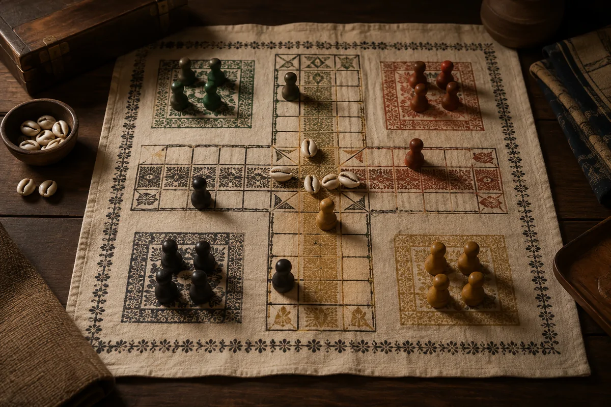 Editorial image illustrating painted pachisi counters on a cloth cross board