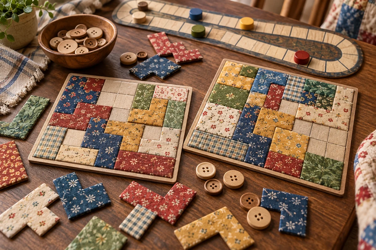 Editorial image illustrating irregular fabric-like geometric tiles, wooden buttons, and two time markers on a calm tabletop