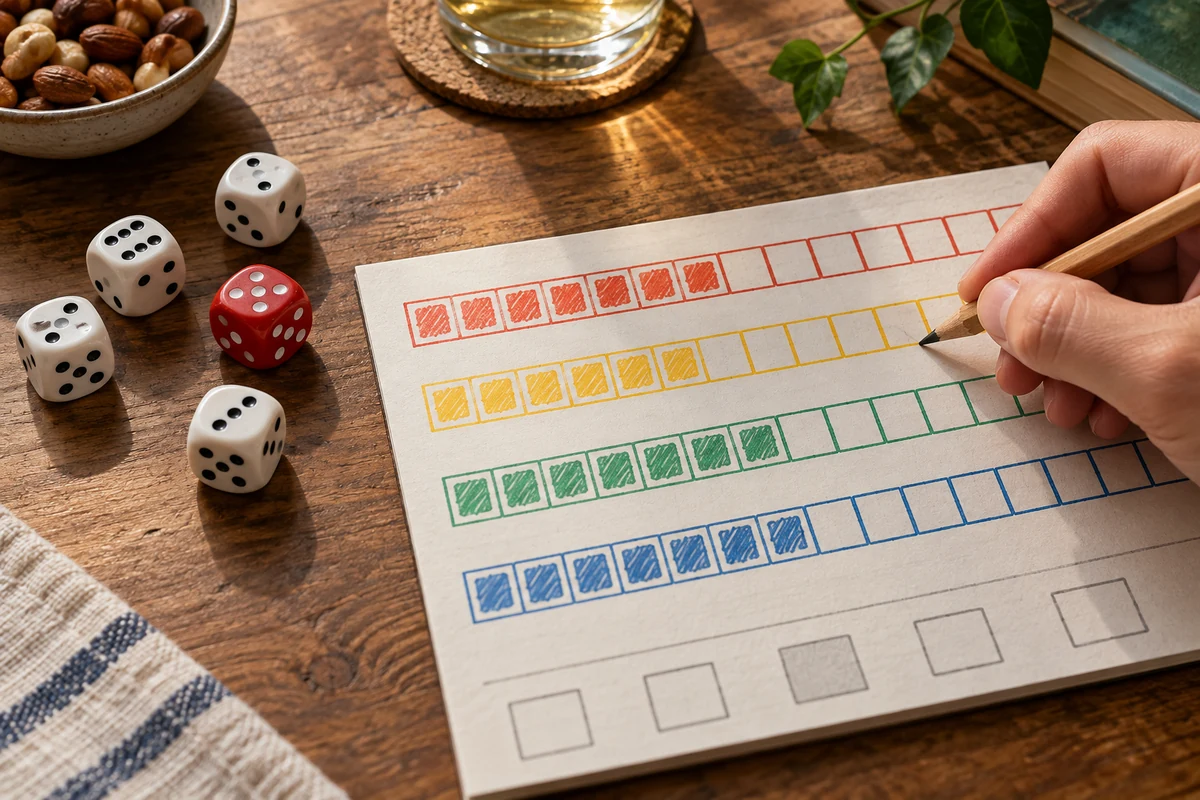 Editorial image illustrating six colored dice beside a clean abstract score grid with crossed rows and pencil marks