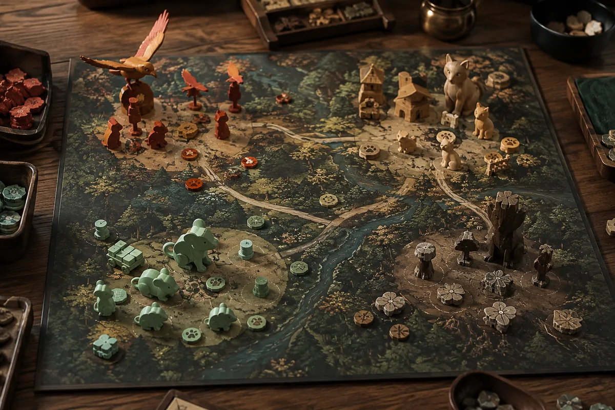 Editorial image illustrating a woodland clearing board with faction tokens and cards