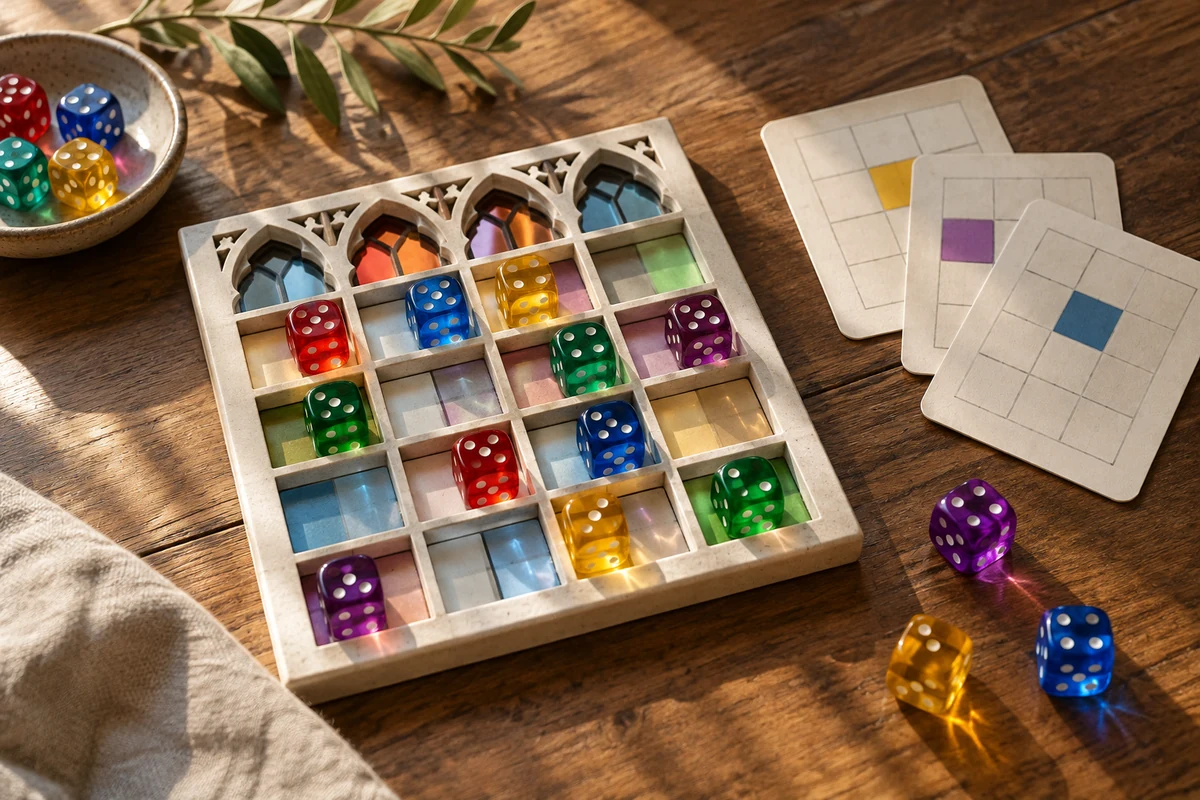 Editorial image illustrating translucent-looking colored dice arranged in a geometric window grid with soft daylight