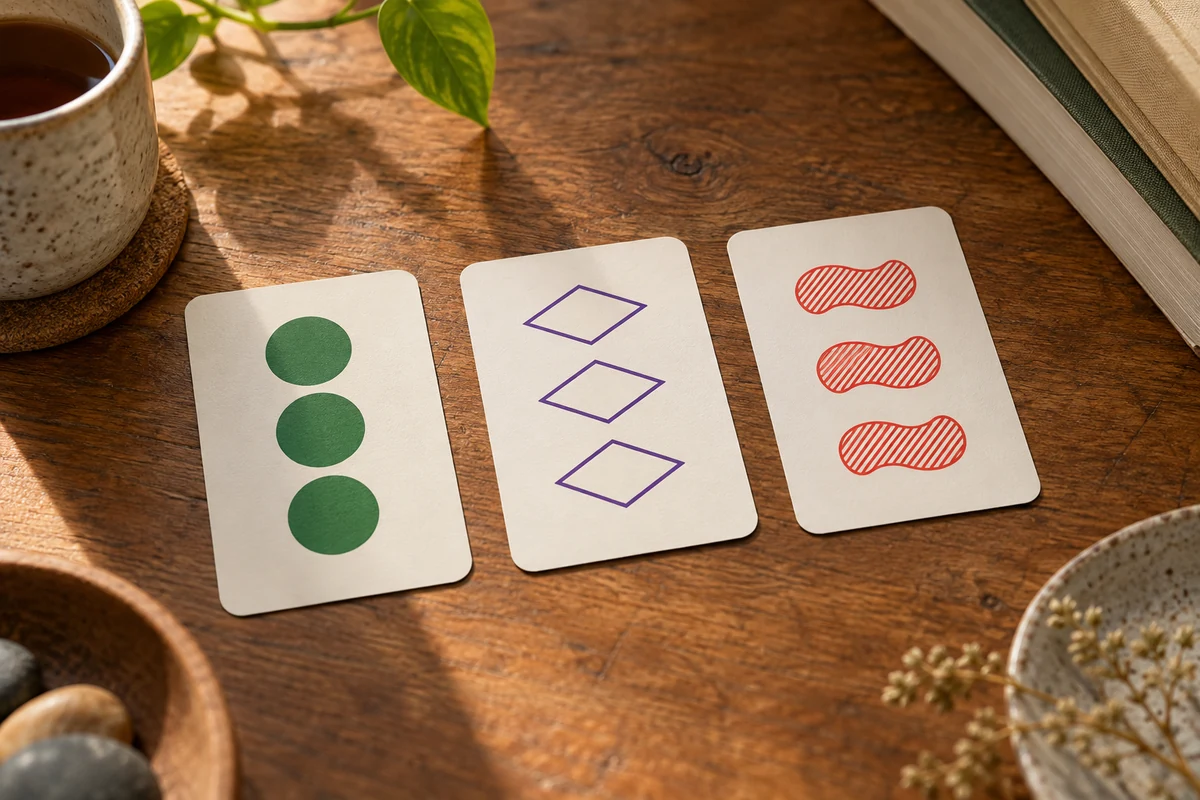 Editorial image illustrating three abstract pattern cards with distinct shapes, colors, counts, and fills on a sunlit tabletop