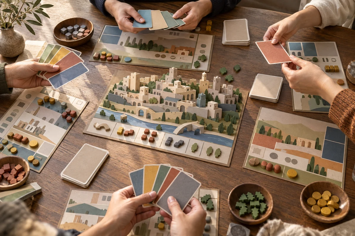 Editorial image illustrating several hands of generic illustrated cards moving in opposite directions around a circular arrangement of city boards