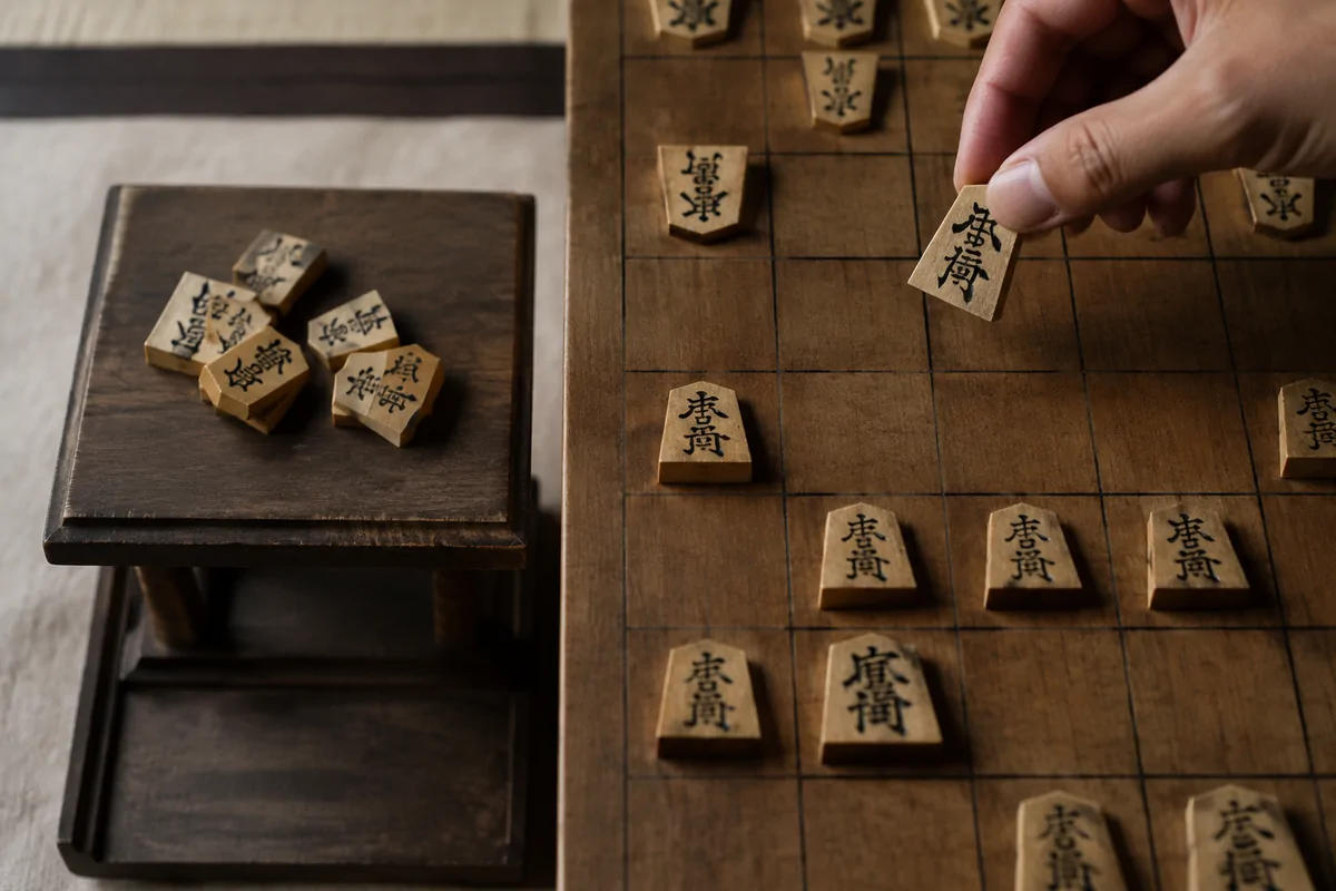 Editorial image illustrating a shogi board with a captured piece held above the grid