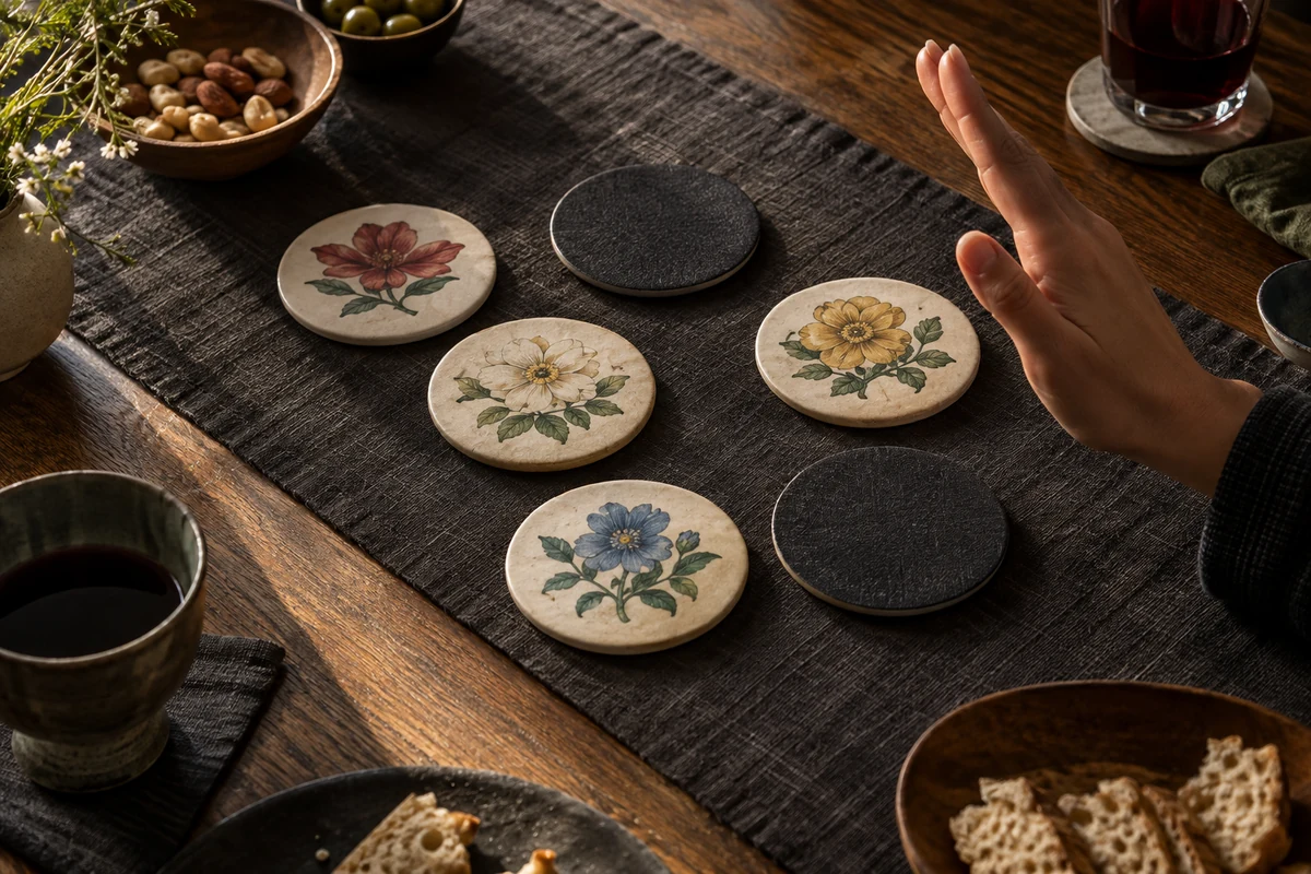 Editorial image illustrating plain dark and pale round discs arranged face down around a simple flower mark and a small mat