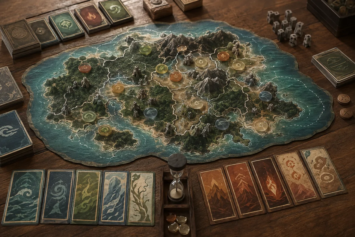Editorial image illustrating island board sections, elemental presence tokens, and power cards