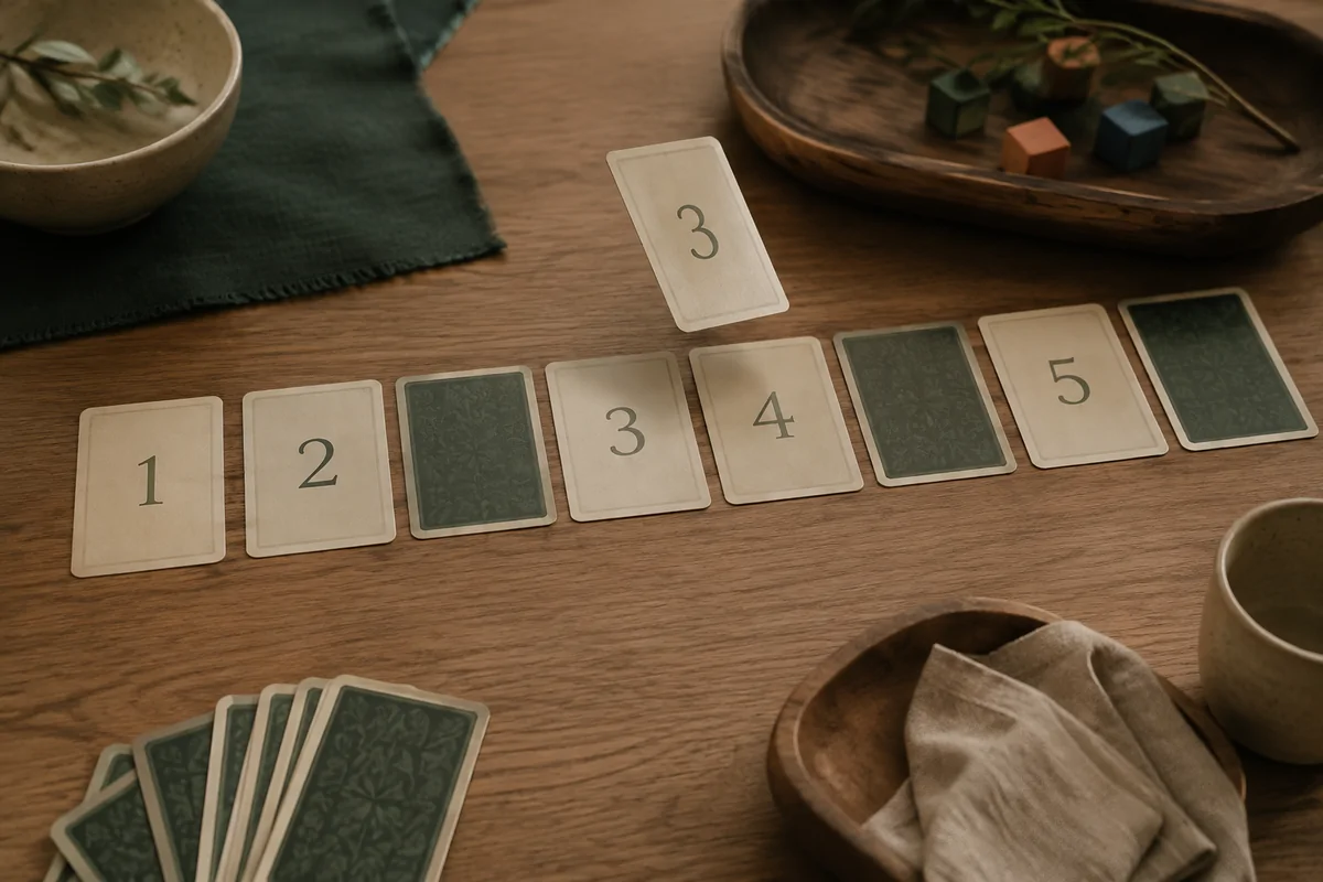 Editorial image illustrating number cards held above a quiet table with a small pile
