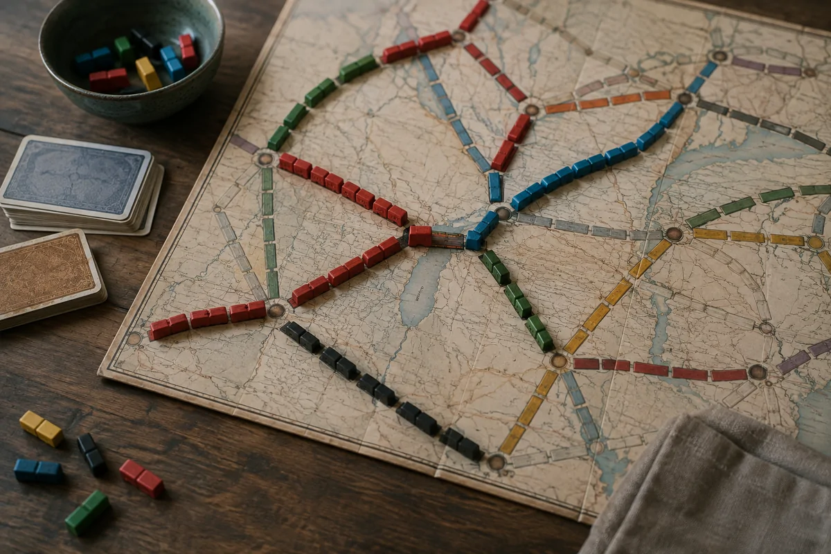 Editorial image illustrating small colored train pieces crossing a folded rail map