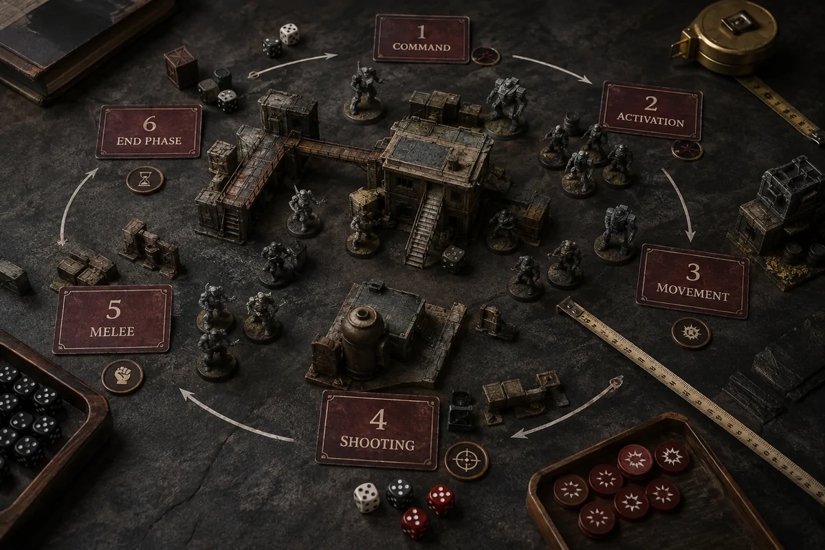 Editorial image illustrating painted miniature figures moving across terrain with measuring tools