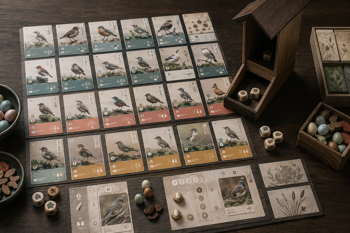 Editorial image illustrating bird cards, eggs, and a wooden birdhouse dice tower