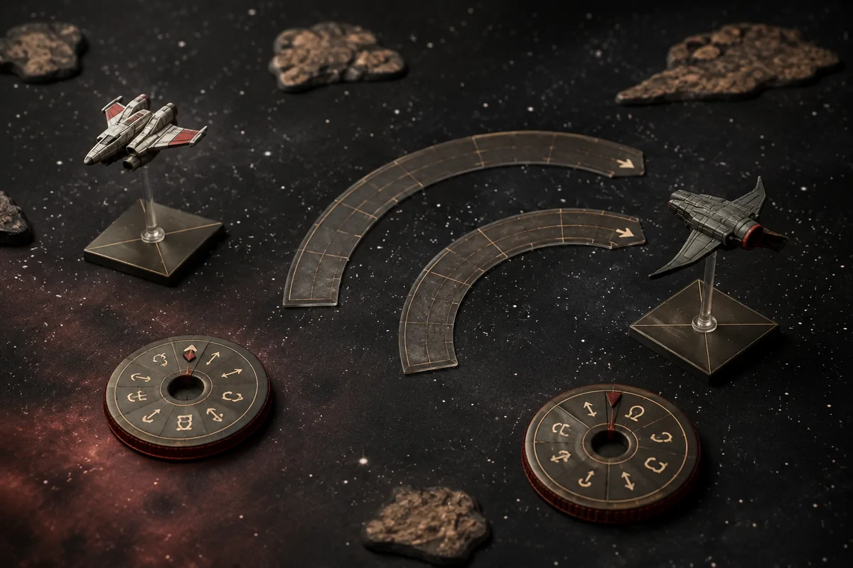 Editorial image illustrating starfighter miniatures with maneuver dials and templates