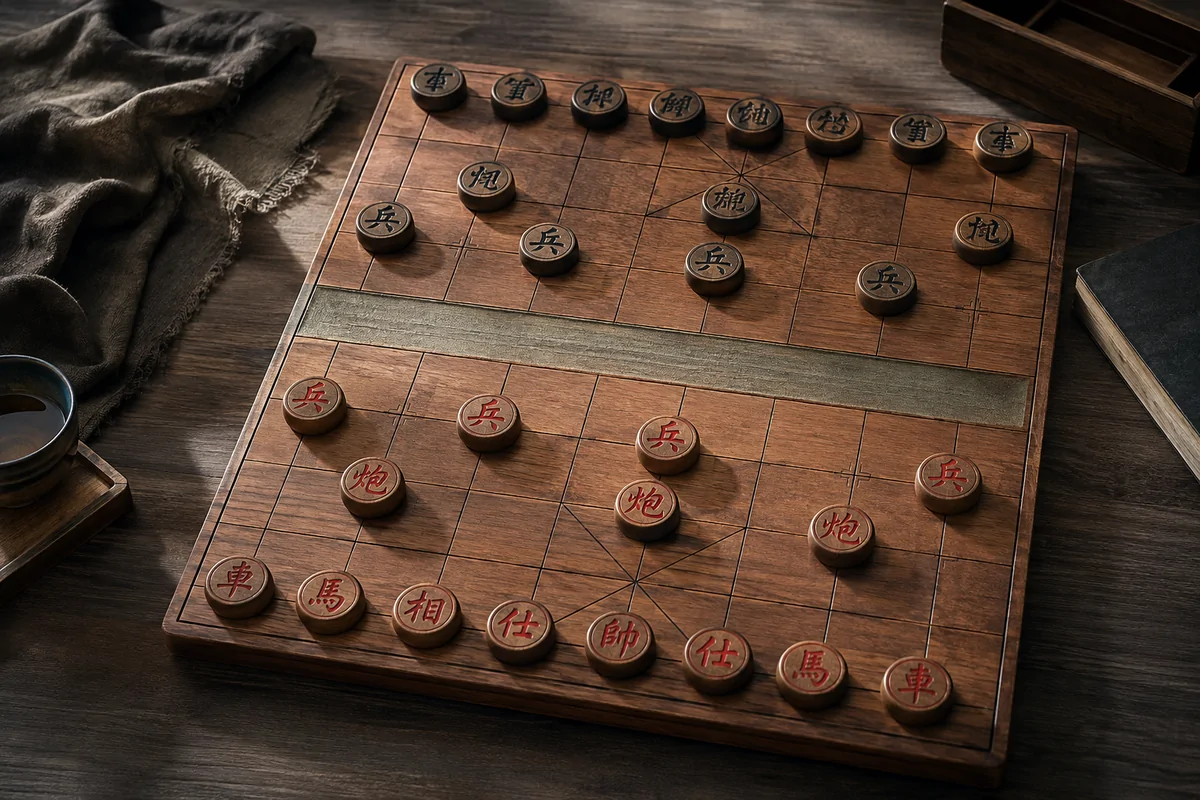 Editorial image illustrating red and black xiangqi discs around the river line